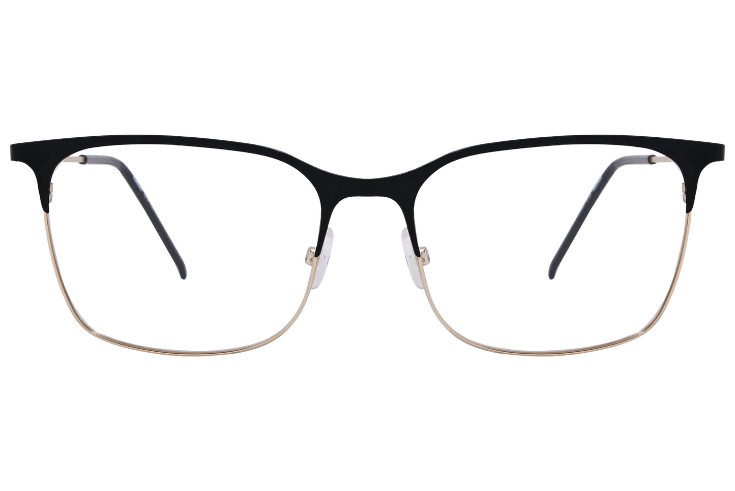 cellini browline black and gold eyeglasses frame viewed from front angle.