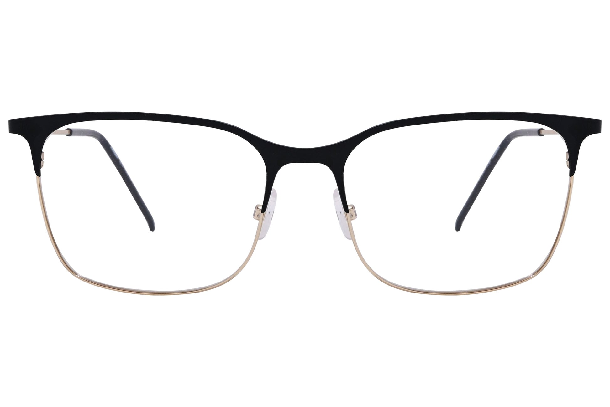 cellini browline black and gold eyeglasses frame viewed from front angle.