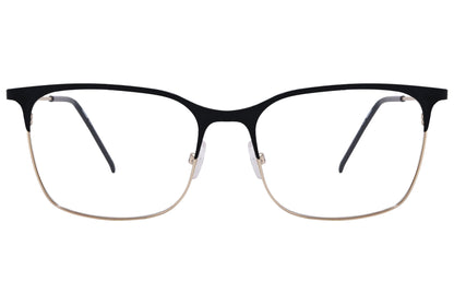 cellini browline black and gold eyeglasses frame viewed from front angle.