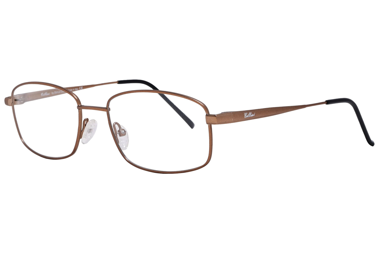 cellini rectangle bronze eyeglasses frame viewed from a 45-degree angle.