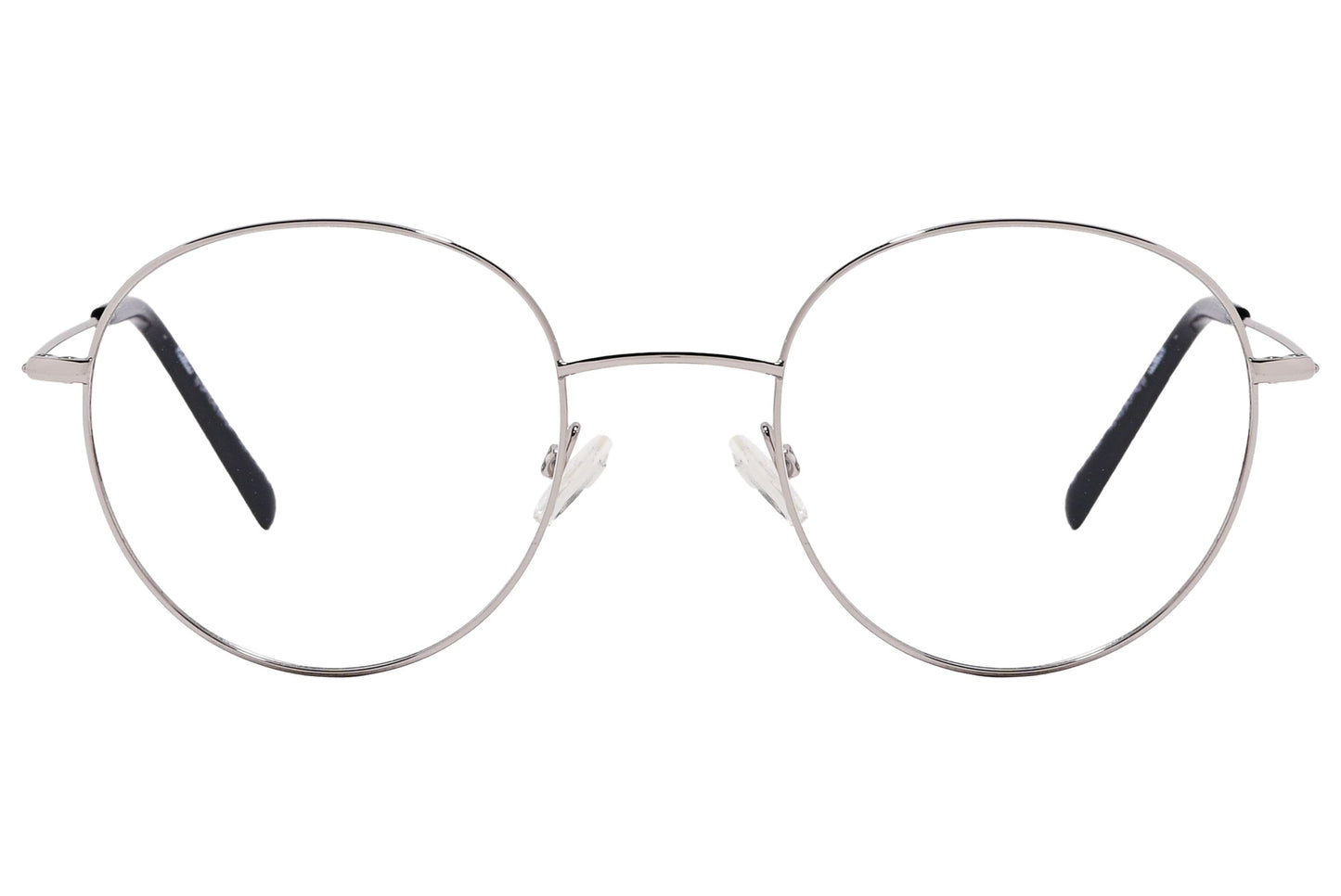 cellini round silver eyeglasses frame viewed from front angle.