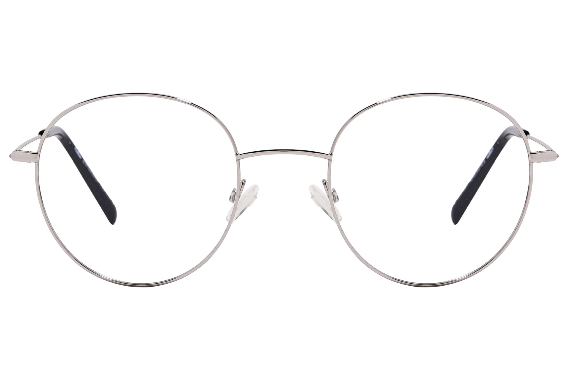 cellini round silver eyeglasses frame viewed from front angle.