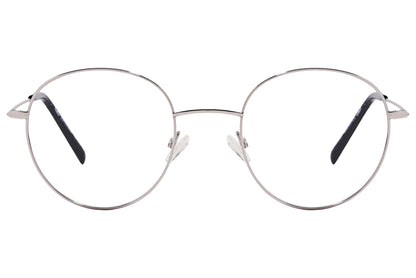 cellini round silver eyeglasses frame viewed from front angle.