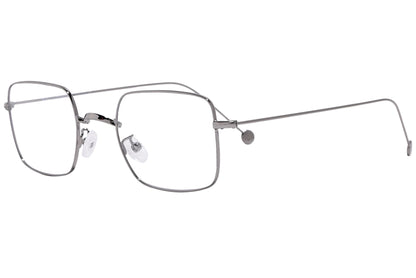 cellini square silver eyeglasses frame viewed from a 45-degree angle.