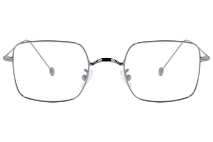 cellini square silver eyeglasses frame viewed from front angle.