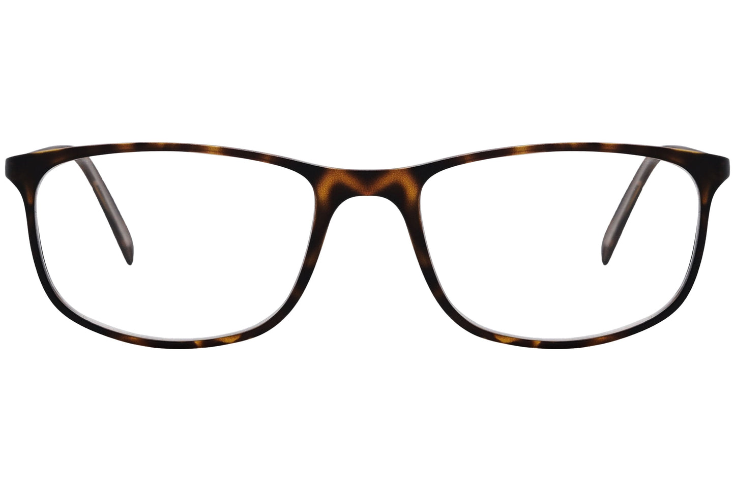 cellini rectangle tortoise eyeglasses frame viewed from front angle.