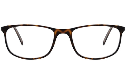 cellini rectangle tortoise eyeglasses frame viewed from front angle.