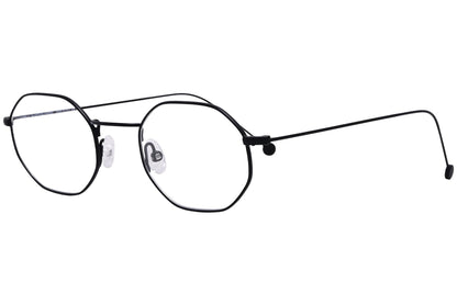 cellini geometric black eyeglasses frame viewed from a 45-degree angle.