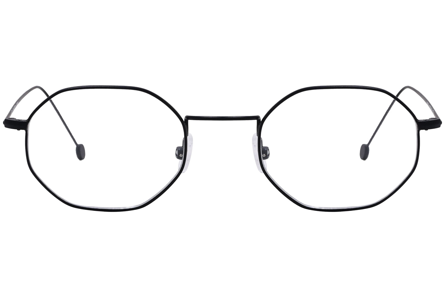 cellini geometric black eyeglasses frame viewed from front angle.