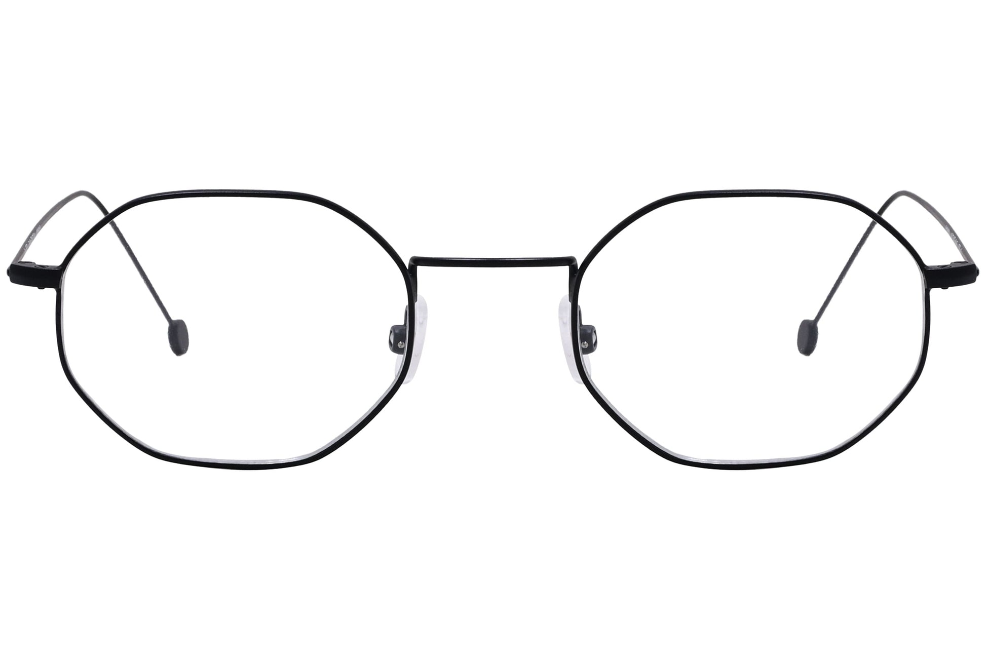 cellini geometric black eyeglasses frame viewed from front angle.