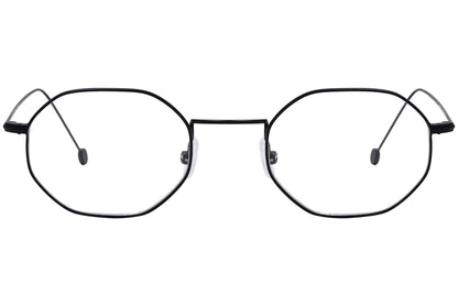 cellini geometric black eyeglasses frame viewed from front angle.