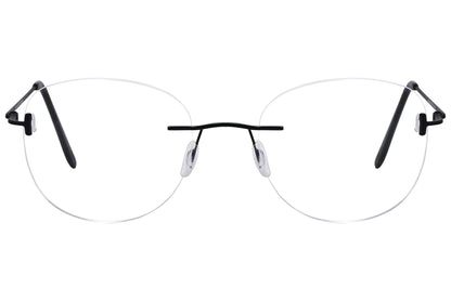 cellini round black eyeglasses frame viewed from front angle.