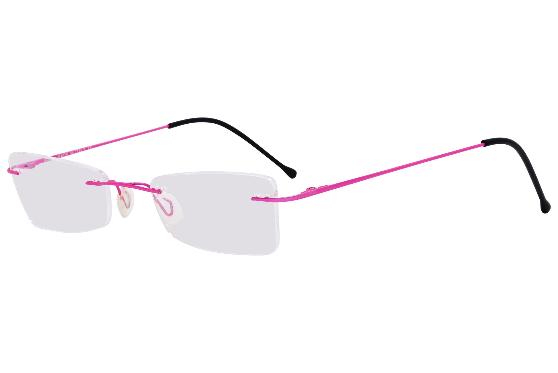 cellini geometric pink eyeglasses frame viewed from a 45-degree angle.