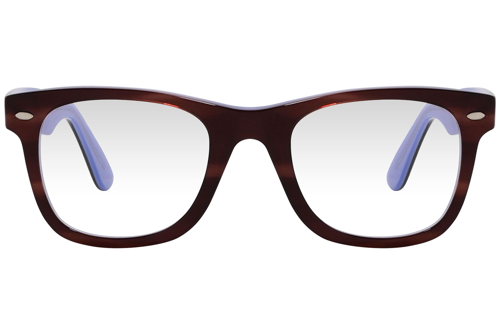 cellini wayfarer brown eyeglasses frame viewed from front angle.