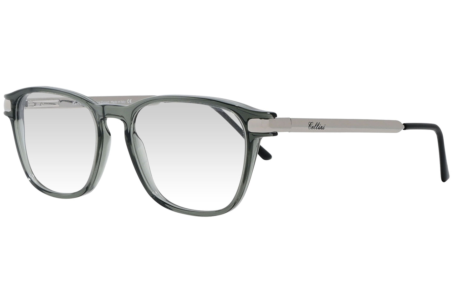 cellini wayfarer gray eyeglasses frame viewed from a 45-degree angle.