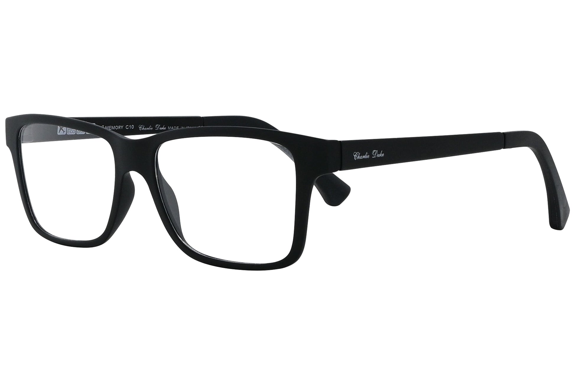 charlie duke wayfarer black eyeglasses frame viewed from a 45-degree angle.