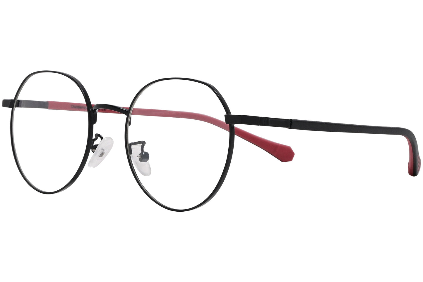 chatelet round black, red eyeglasses frame viewed from a 45-degree angle.