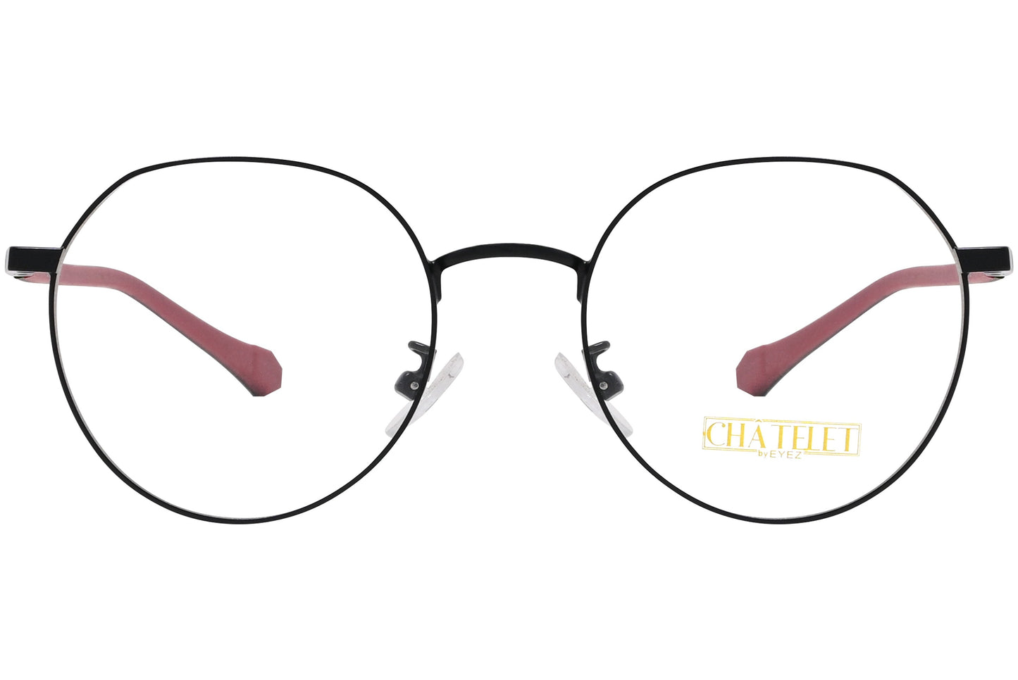 chatelet round black, red eyeglasses frame viewed from Front angle.