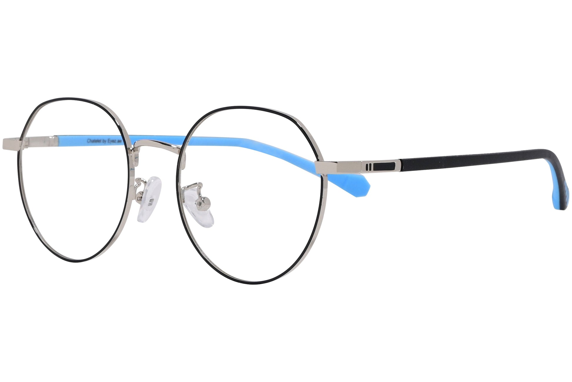 chatelet round black, blue eyeglasses frame viewed from a 45-degree angle.