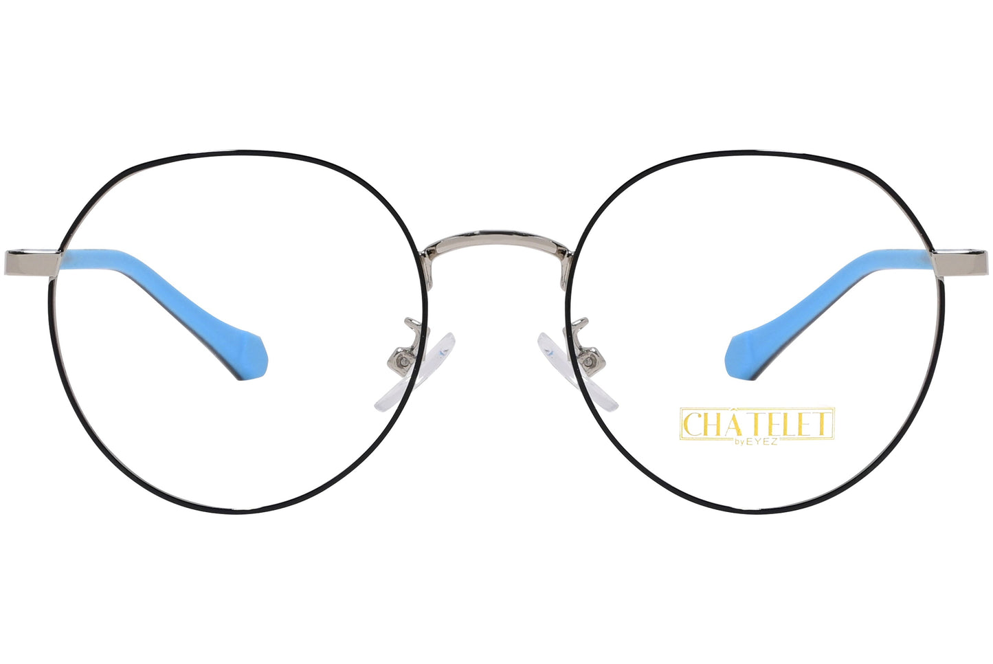 chatelet round black, blue eyeglasses frame viewed from Front angle.