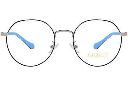 chatelet round black, blue eyeglasses frame viewed from Front angle.