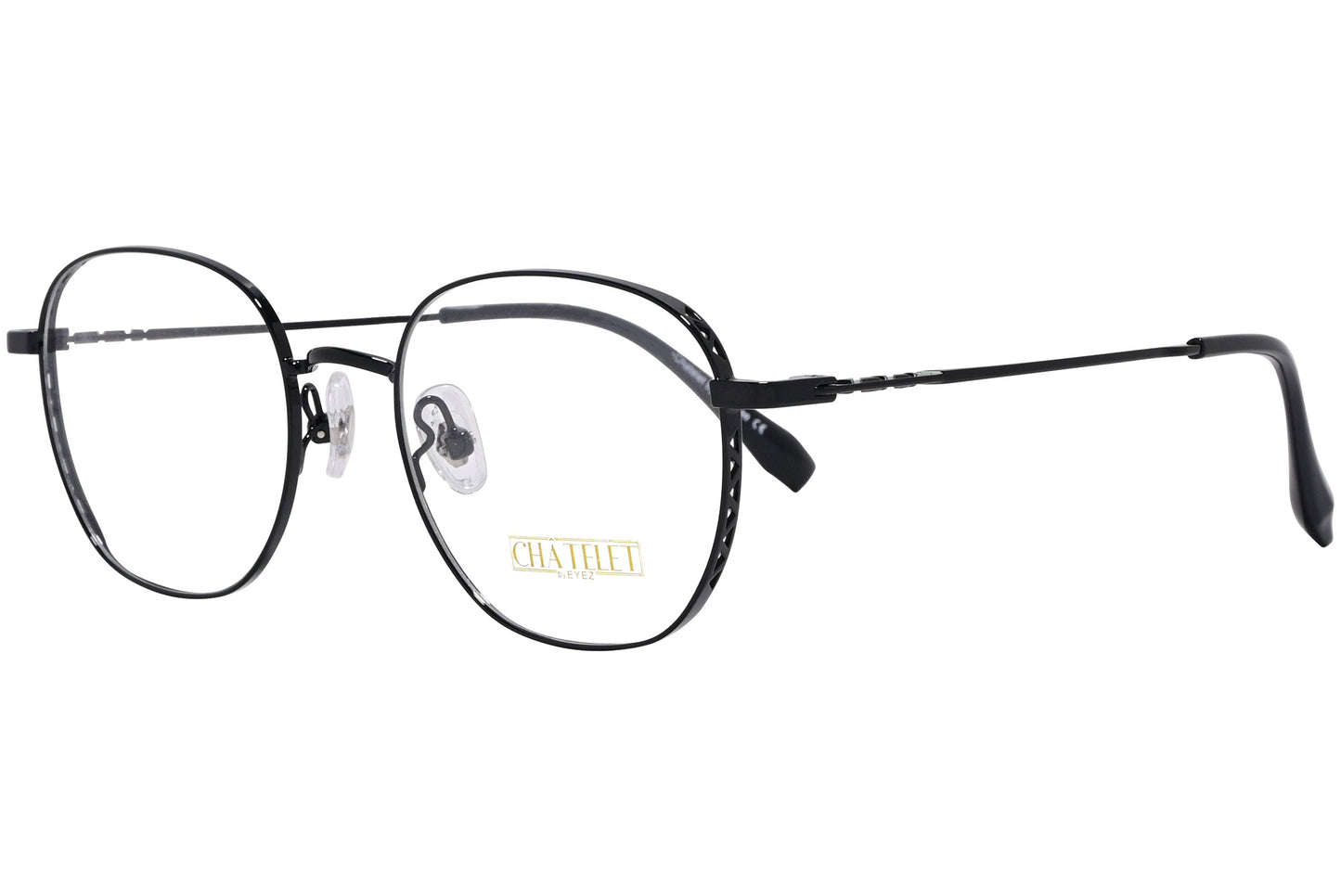 chatelet round black eyeglasses frame viewed from a 45-degree angle.