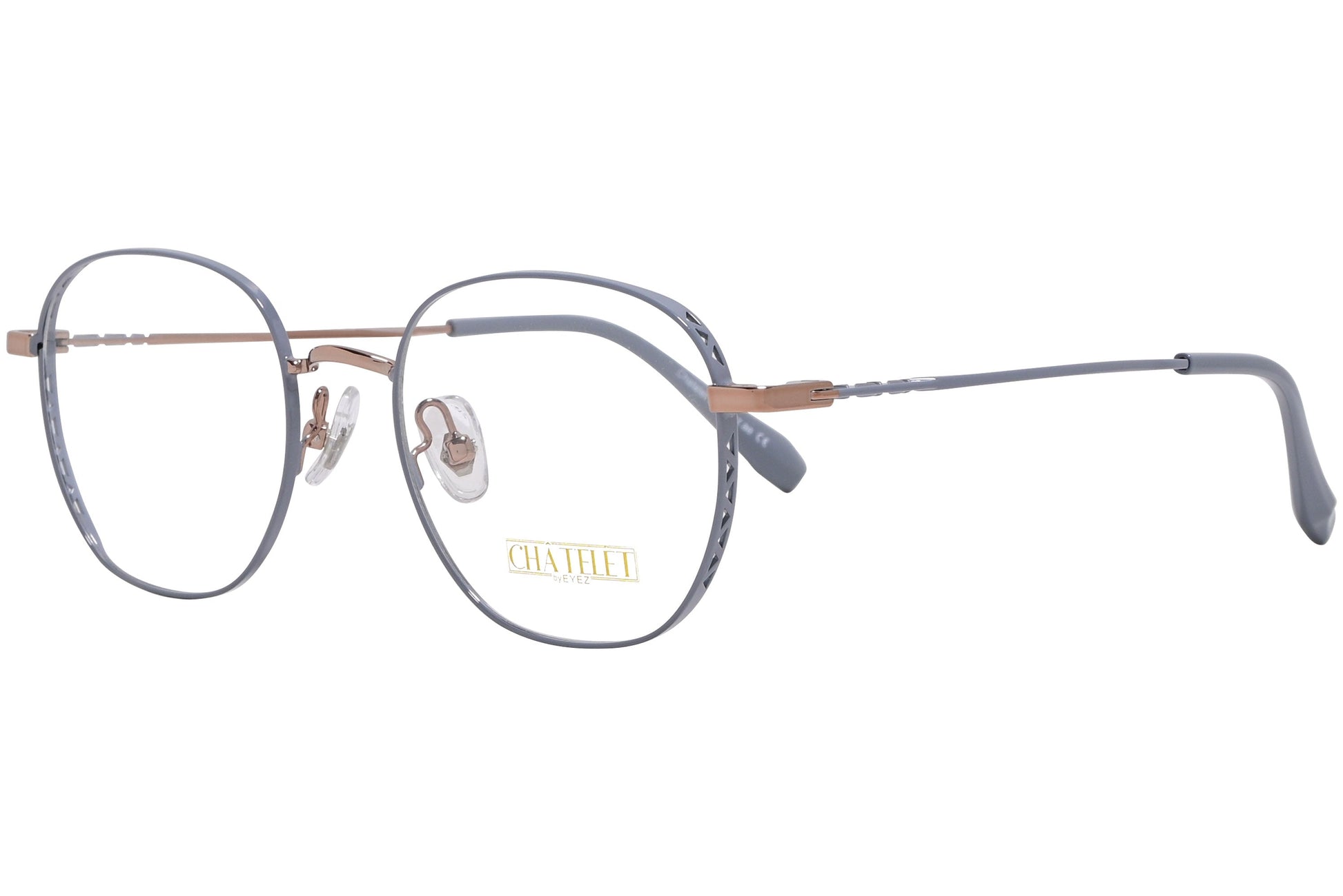 chatelet round gray eyeglasses frame viewed from a 45-degree angle.