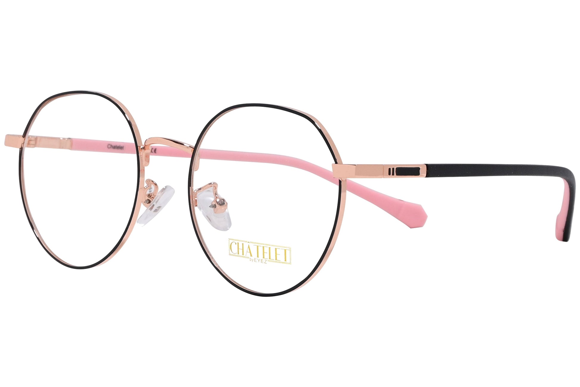 chatelet round pink eyeglasses frame viewed from a 45-degree angle.