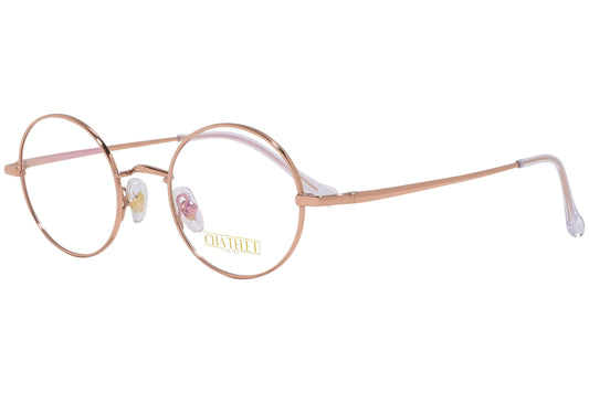 chatelet round gold eyeglasses frame viewed from a 45-degree angle.