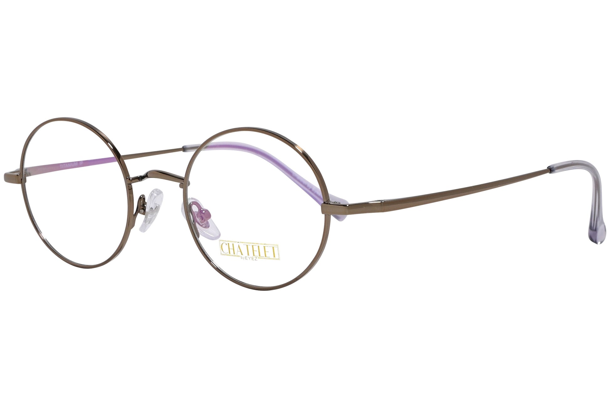 chatelet round bronze eyeglasses frame viewed from a 45-degree angle.