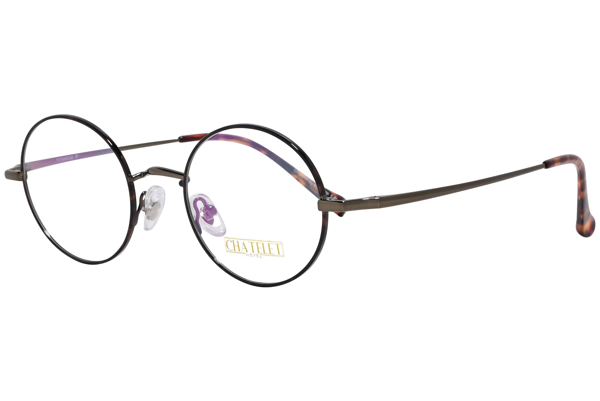 chatelet round tortoise eyeglasses frame viewed from a 45-degree angle.