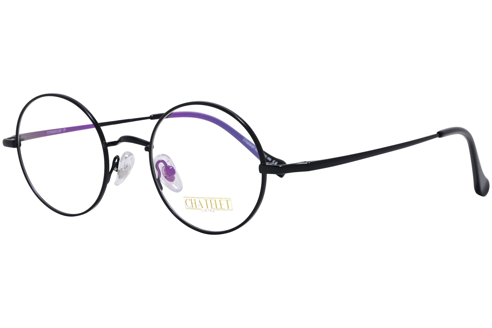 chatelet round black eyeglasses frame viewed from a 45-degree angle.