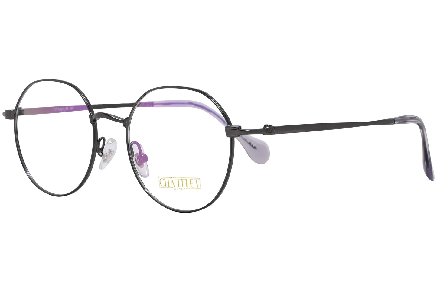 chatelet round gray eyeglasses frame viewed from a 45-degree angle.