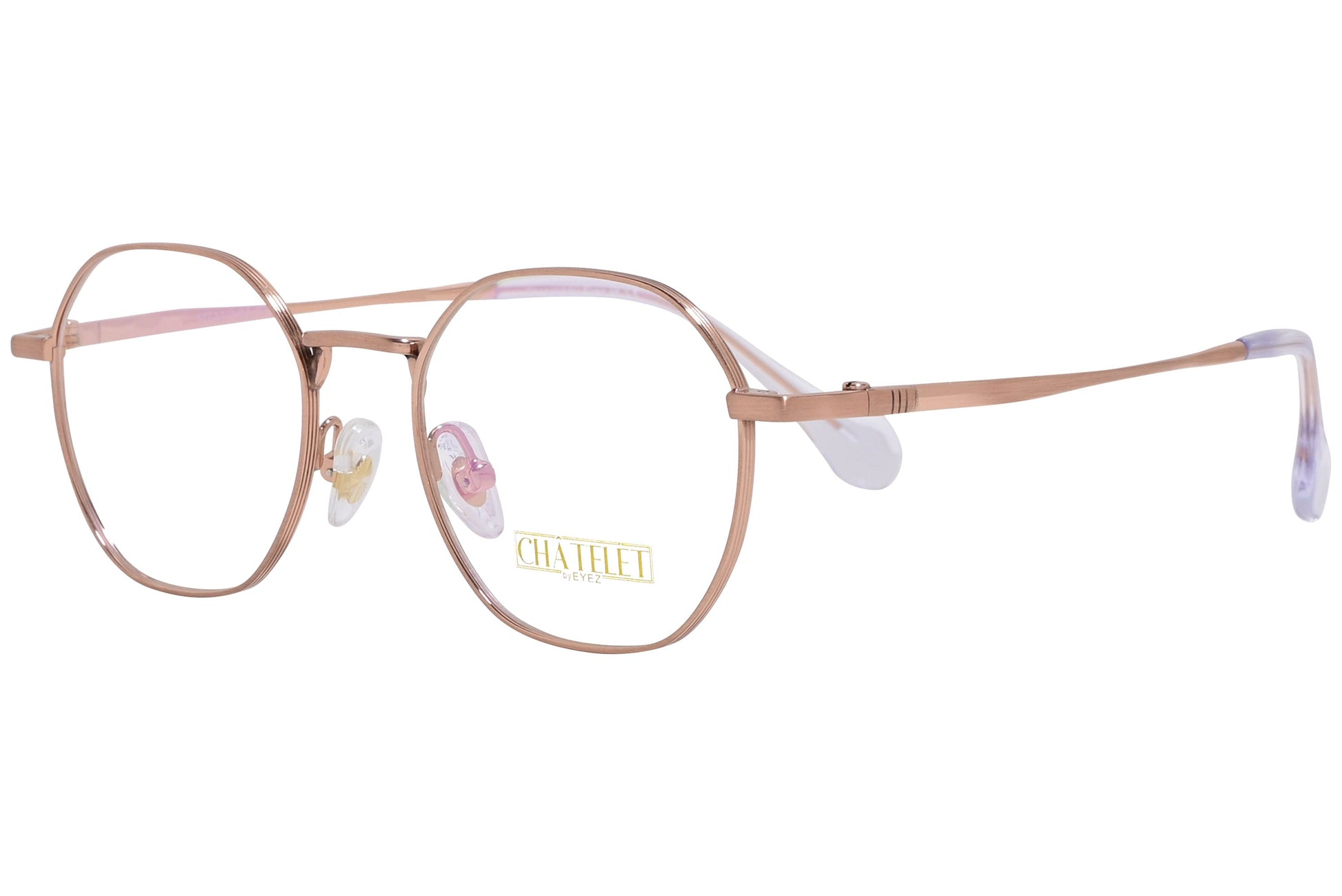 chatelet hexagonal gold eyeglasses frame viewed from a 45-degree angle.