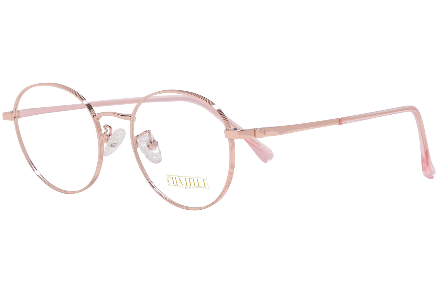 chatelet round rose eyeglasses frame viewed from a 45-degree angle.