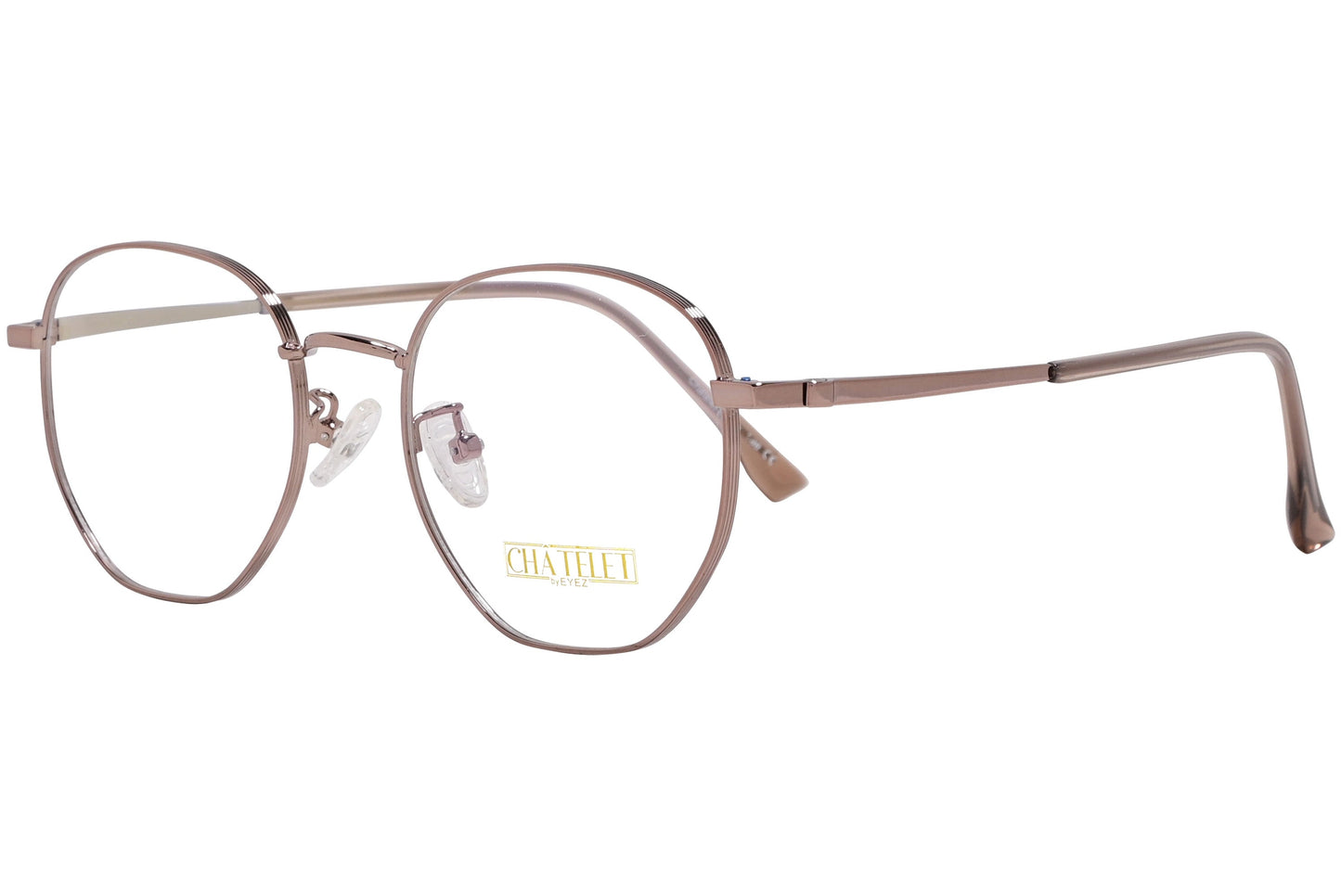 chatelet hexagonal bronze eyeglasses frame viewed from a 45-degree angle.