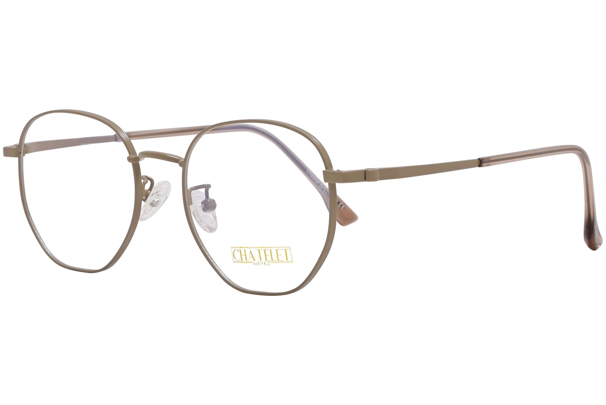 chatelet hexagonal khaki eyeglasses frame viewed from a 45-degree angle.