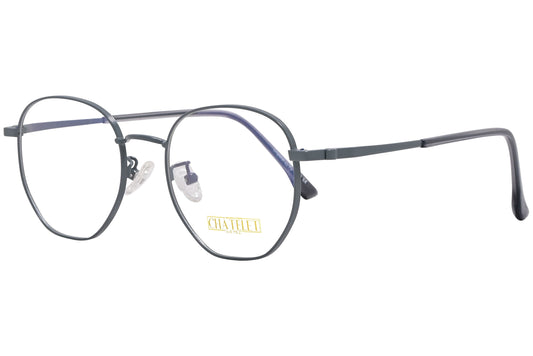 chatelet hexagonal pewter eyeglasses frame viewed from a 45-degree angle.