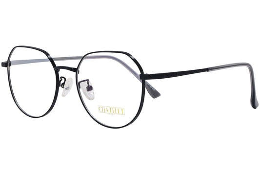 chatelet hexagonal black eyeglasses frame viewed from a 45-degree angle.