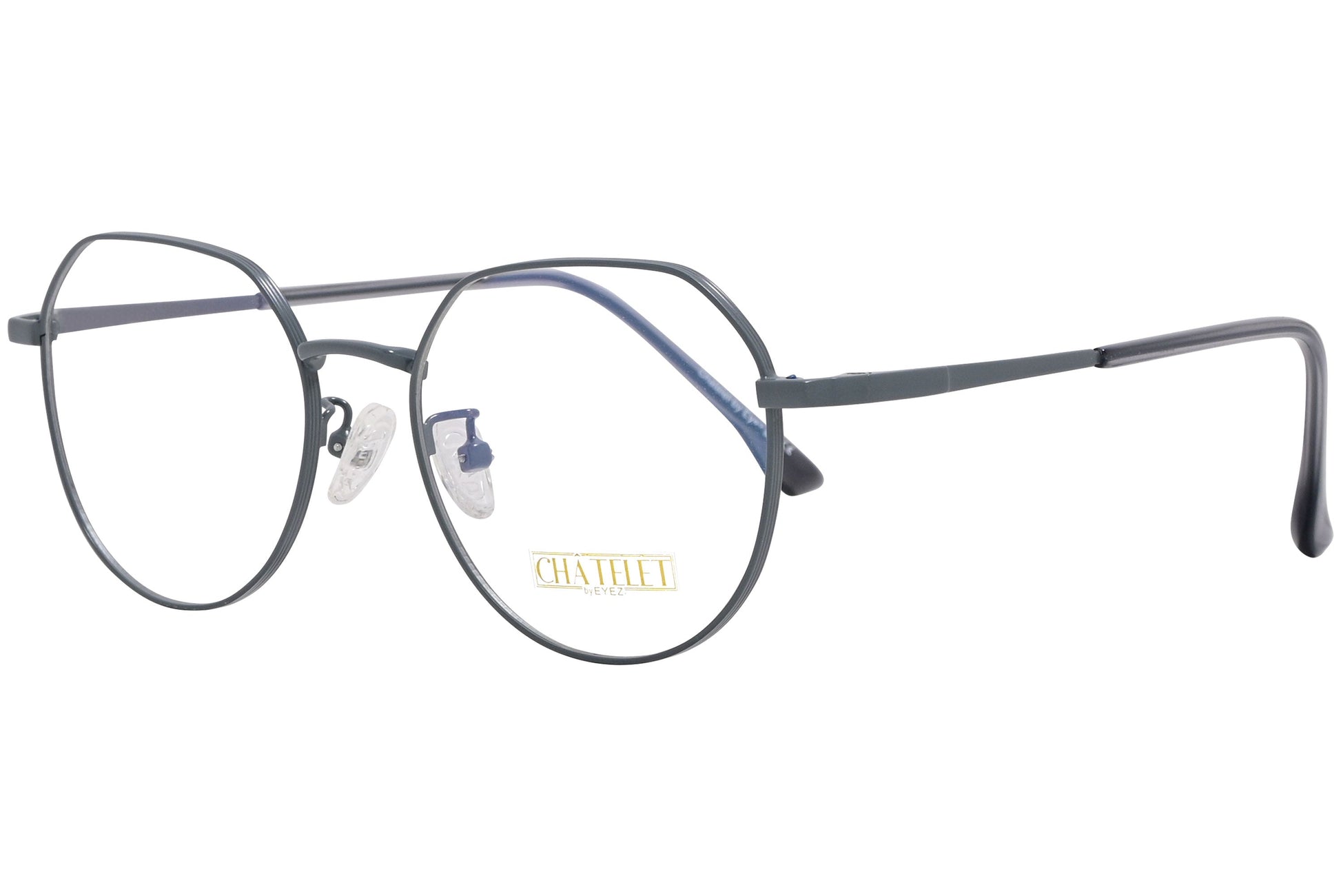 chatelet hexagonal pewter eyeglasses frame viewed from a 45-degree angle.