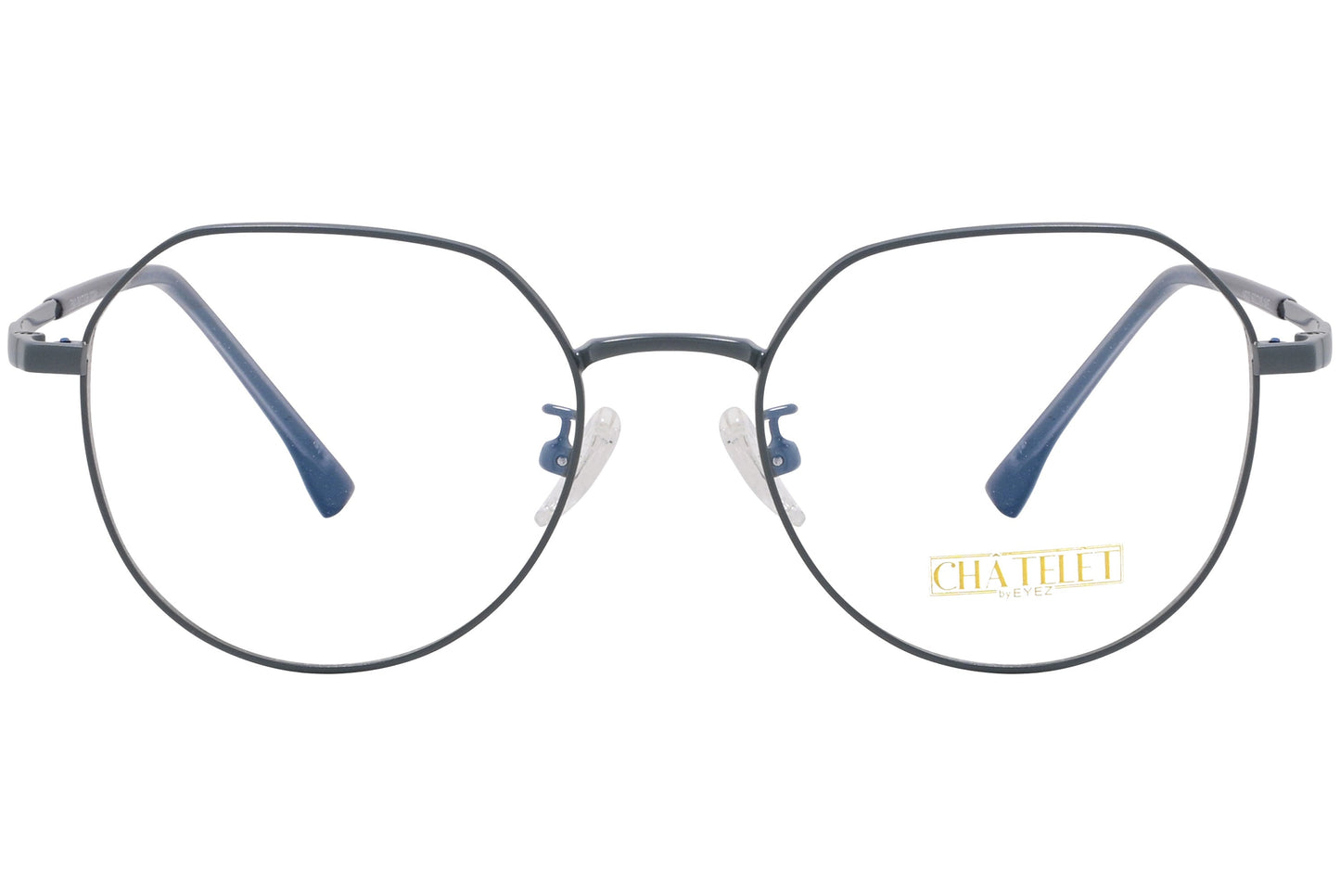 chatelet hexagonal pewter eyeglasses frame viewed from Front angle.