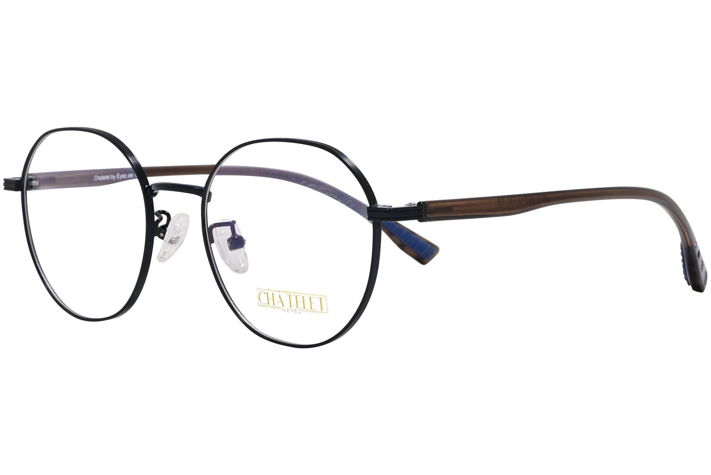 chatelet round blue eyeglasses frame viewed from a 45-degree angle.