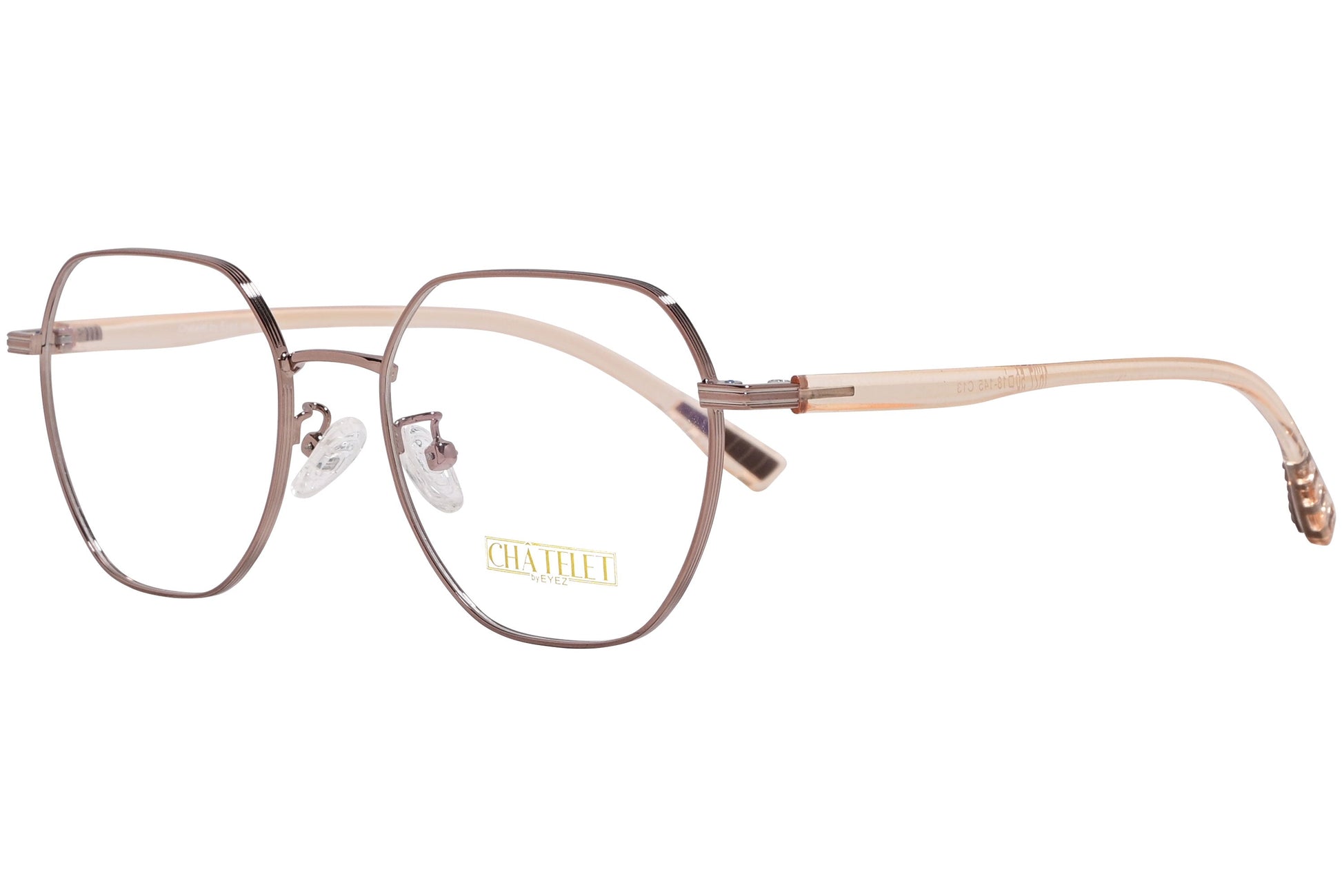 chatelet hexagonal bronze eyeglasses frame viewed from a 45-degree angle.