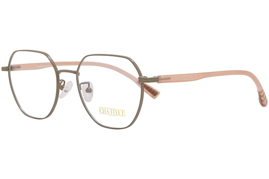 chatelet hexagonal khaki eyeglasses frame viewed from a 45-degree angle.