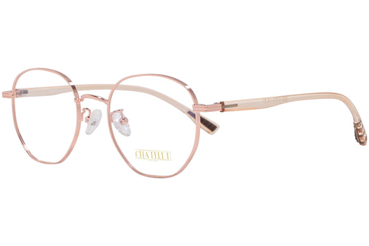 chatelet hexagonal pink eyeglasses frame viewed from a 45-degree angle.