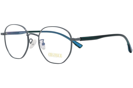 chatelet hexagonal green, blue eyeglasses frame viewed from a 45-degree angle.