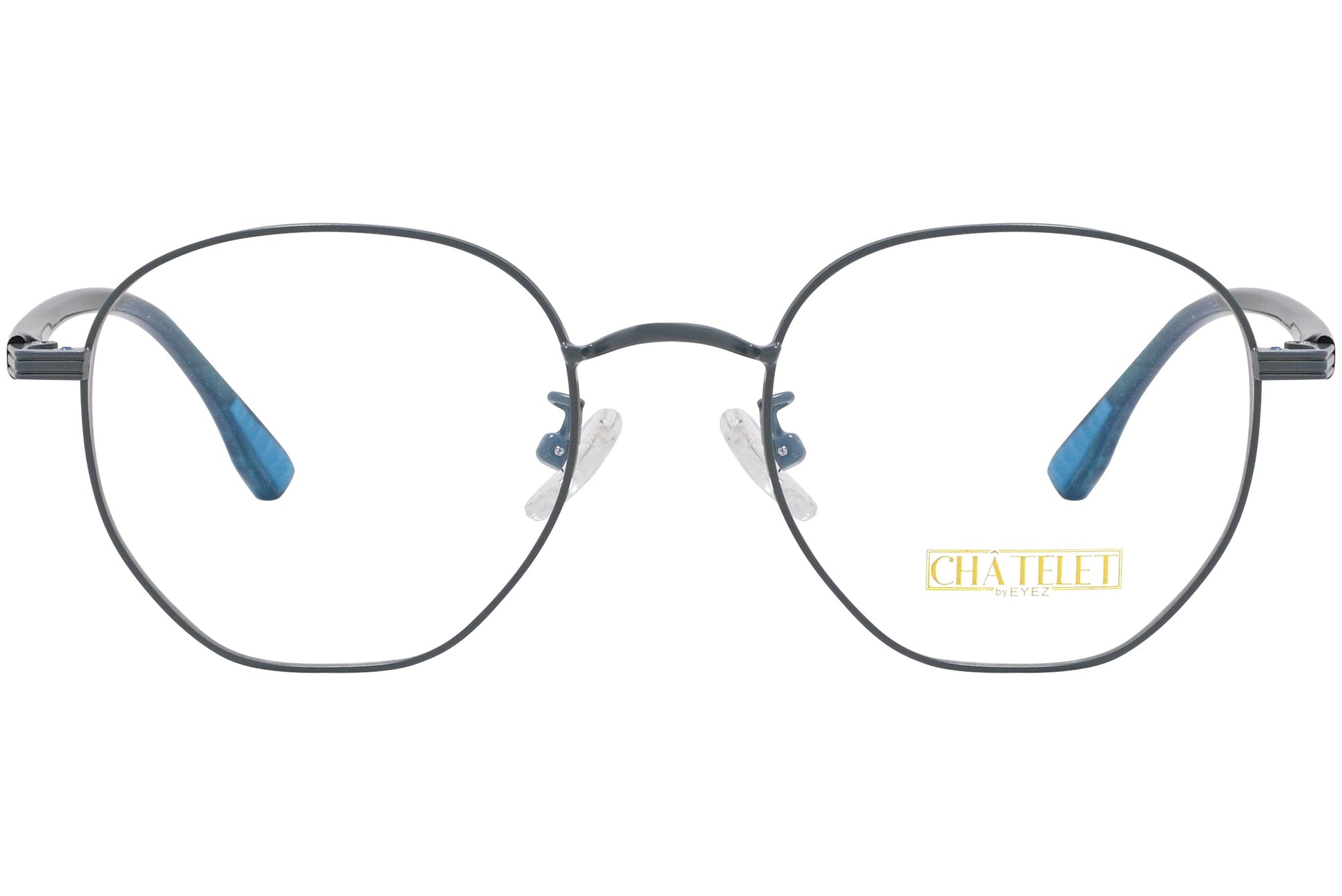 chatelet hexagonal green, blue eyeglasses frame viewed from Front angle.