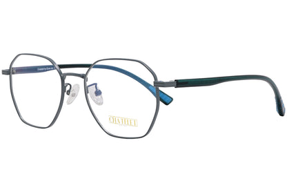 A pair of hexagonal eyeglasses with blue and green colors on the frame and temples, and clear lenses.