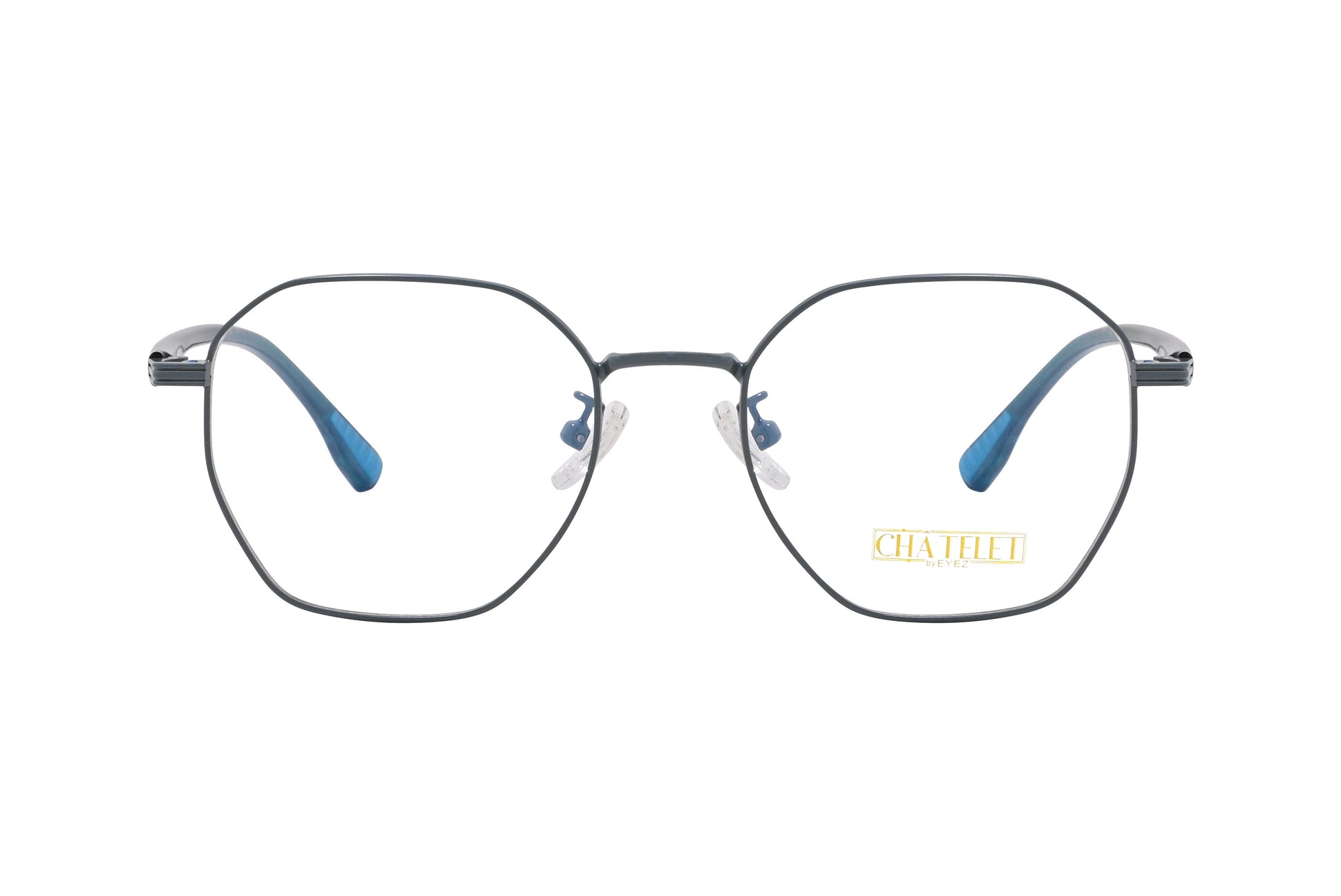 A pair of hexagonal eyeglasses with blue and green colors on the frame and temples, and clear lenses.
