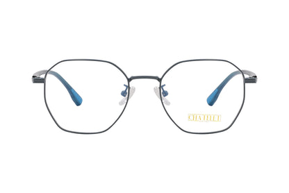 A pair of hexagonal eyeglasses with blue and green colors on the frame and temples, and clear lenses.